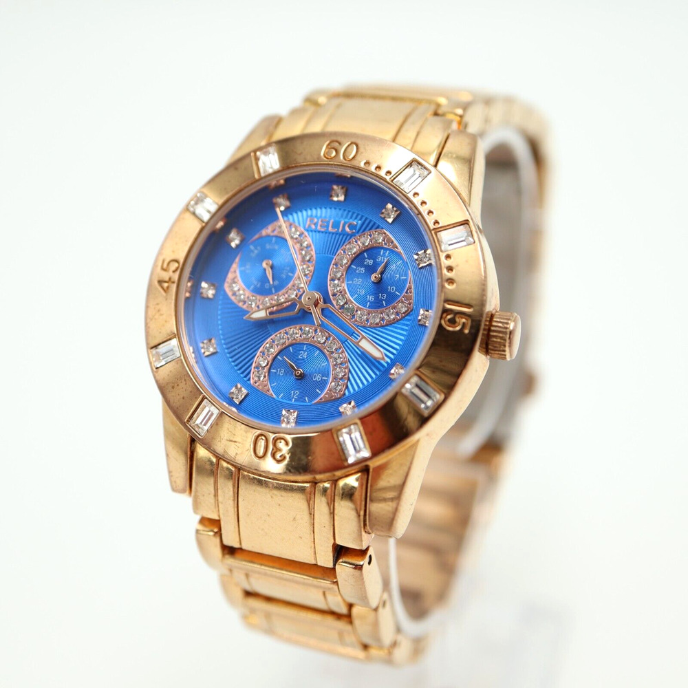 Relic Women's Watch Rose Gold Tone Blue Day Date Pave Bling w New Battery